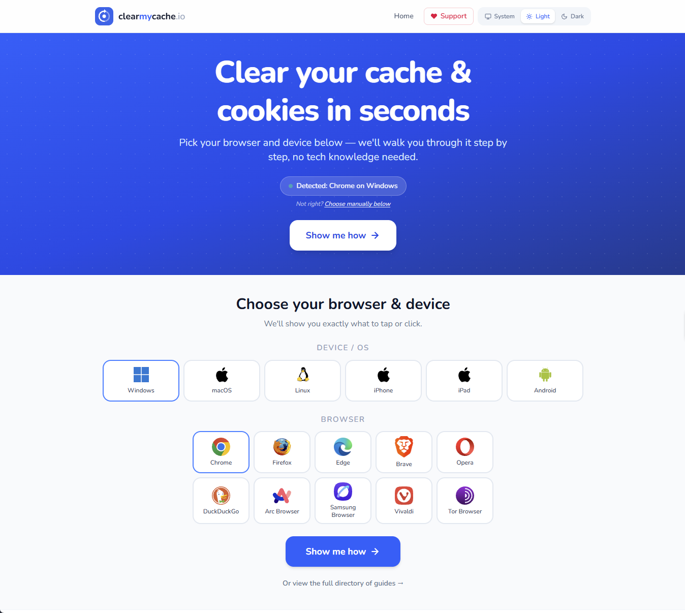 The ClearMyCache.IO homepage showing the main cache-clearing button