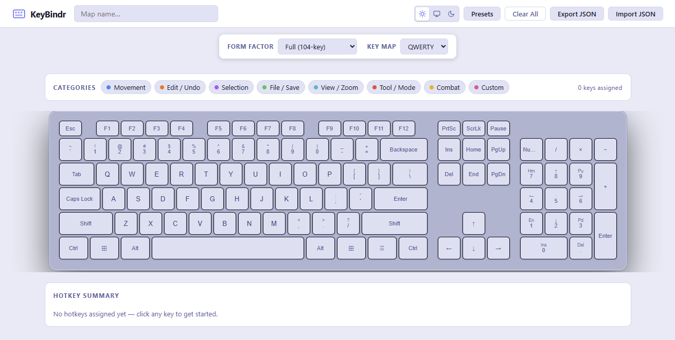 KeyBindr displaying an empty full keyboard layout in light mode