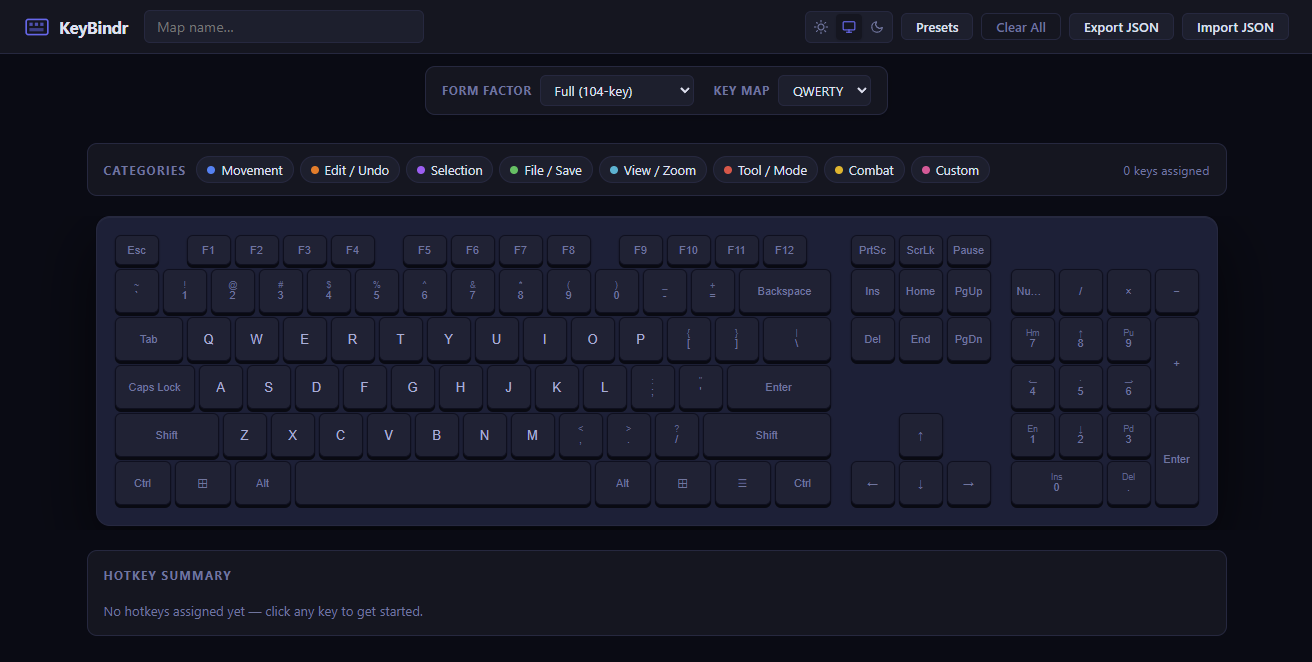 KeyBindr displaying an empty full keyboard layout in dark mode