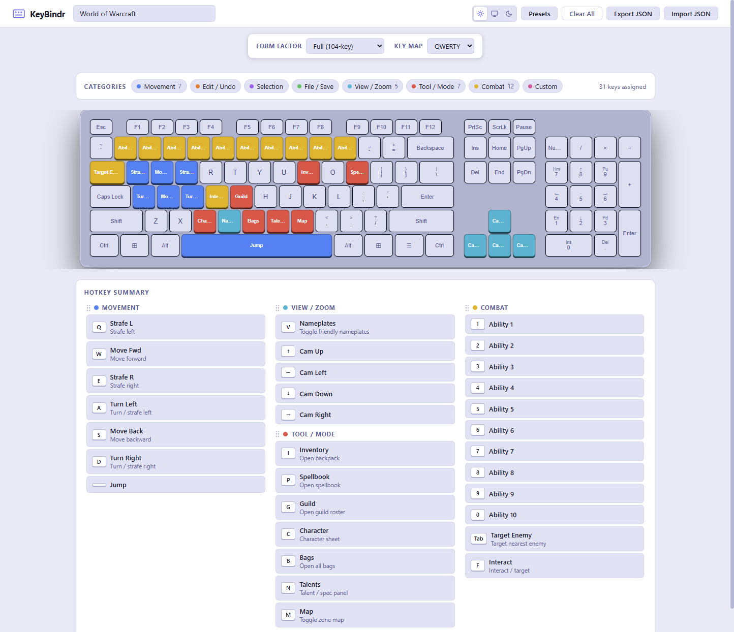 KeyBindr with color-coded hotkeys assigned across the keyboard layout in light mode