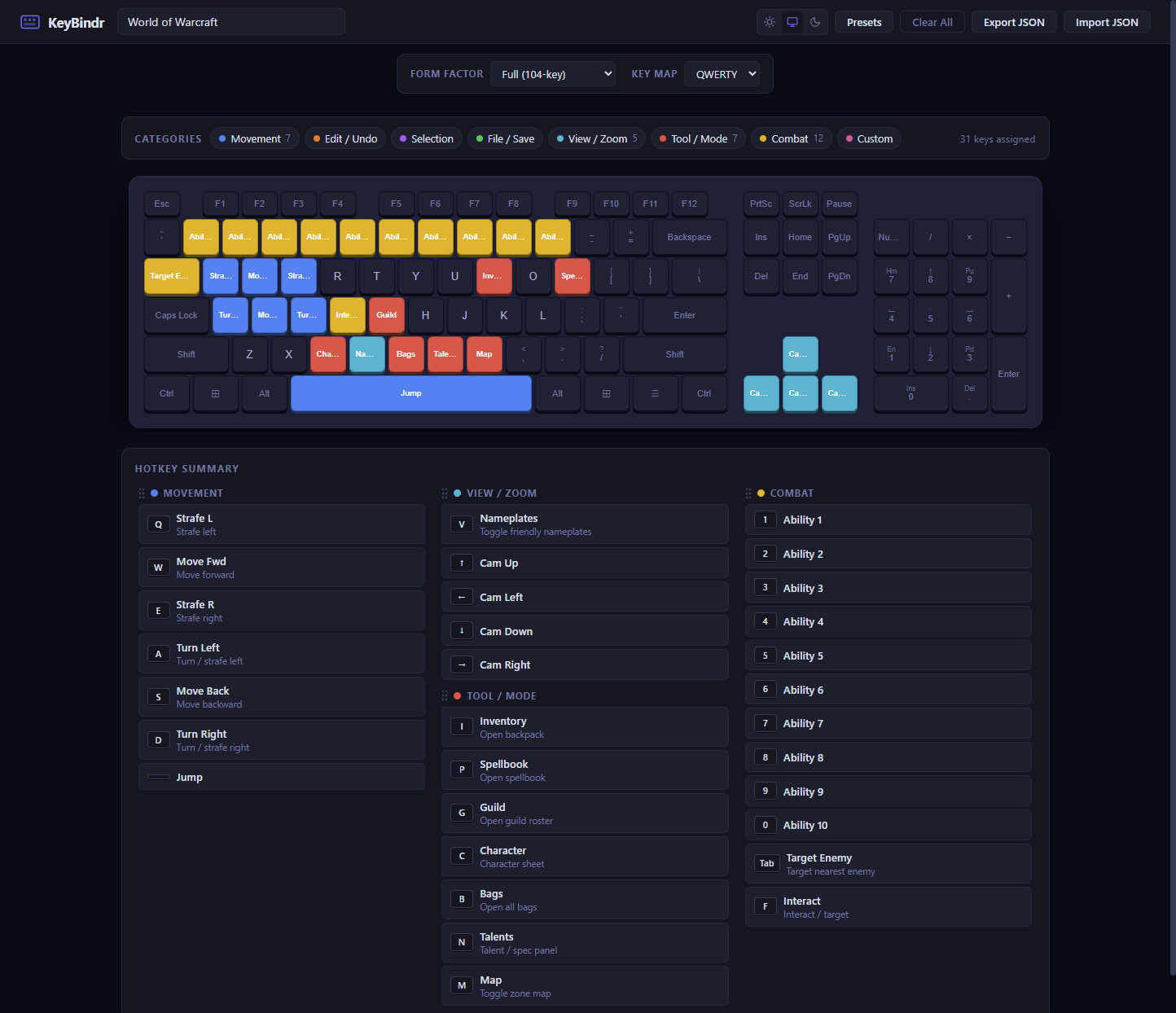KeyBindr with color-coded hotkeys assigned across the keyboard layout in dark mode
