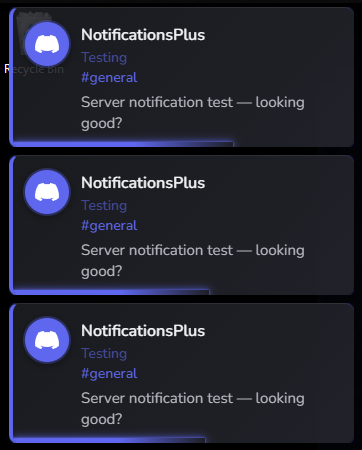 NotificationsPlus server toast notifications stacked in the bottom-left corner of the screen