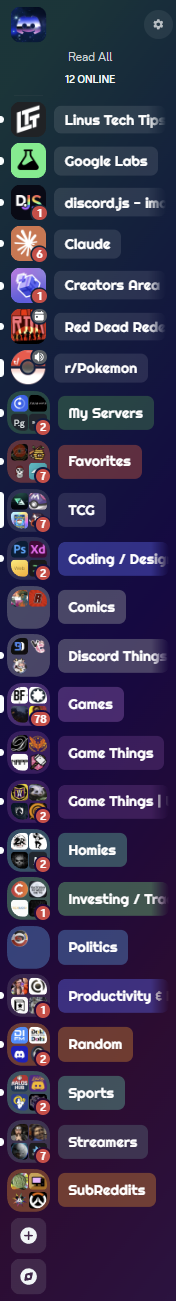 Discord's guild sidebar with ServerLabels active, showing server names and folder labels displayed inline next to their icons